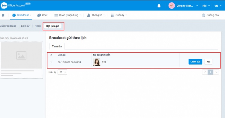 Nhấn Gửi Broadcast sau khi cập nhật thông tin
