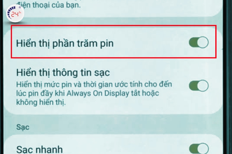 Cài đặt hiển thị phần trăm pin trên Samsung
