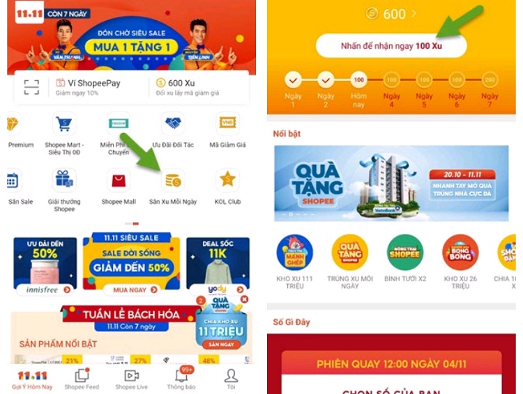 Bạn có thể kiếm xu từ mục Săn xu mỗi ngày