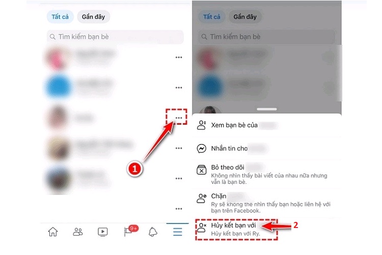 Thao tác tác hủy kết bạn với tài khoản không tương tác với bạn