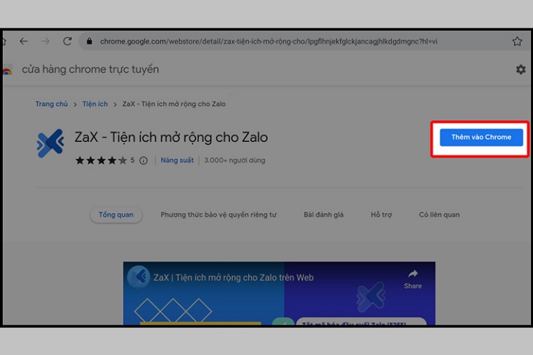 Cài đặt tiện ích ZaX từ cửa hàng Chrome