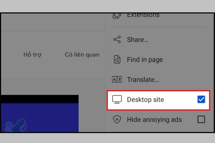 Chọn mục Desktop site