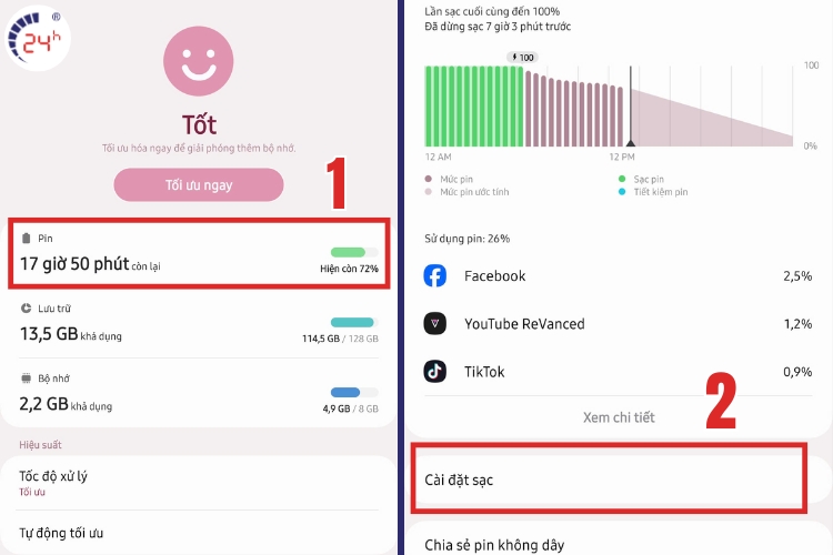 cách sạc pin nhanh trên samsung