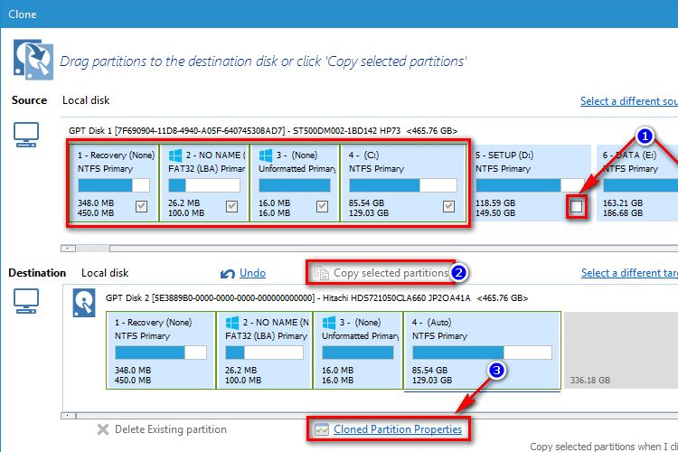  chọn Copy selected partitions để tiếp tục quá trình