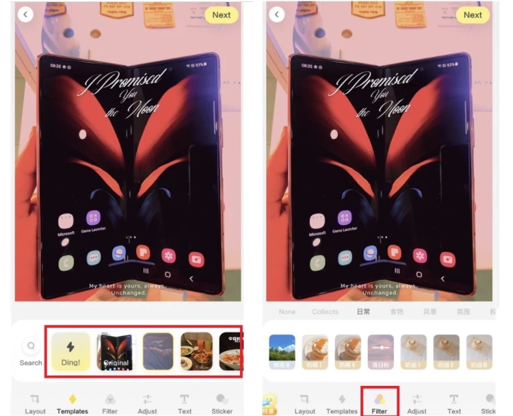 Trải nghiệm tính năng Templates và Filter trên app