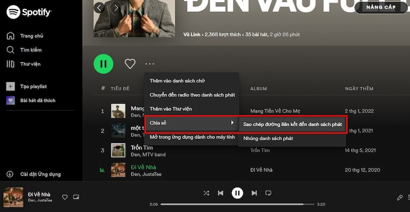 Tìm bài hát yêu thích và nhấn Sao chép liên kết