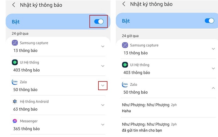 Điều chỉnh chế độ Bật trong Nhật ký thông báo