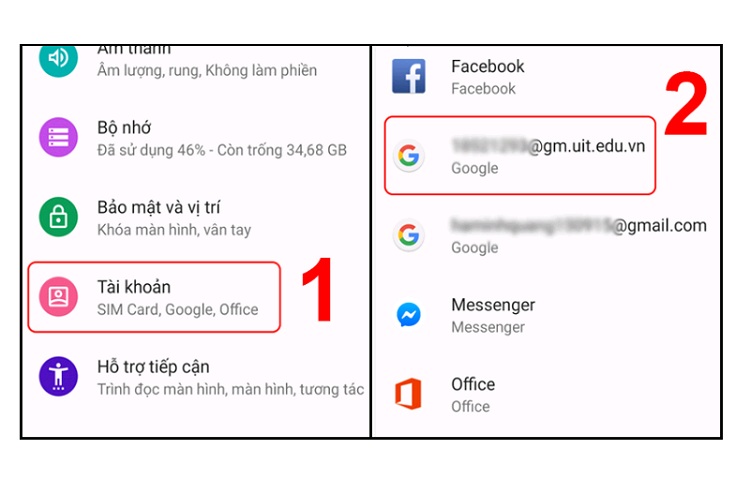 Lựa chọn tài khoản cần xóa trên thiết bị chạy Android