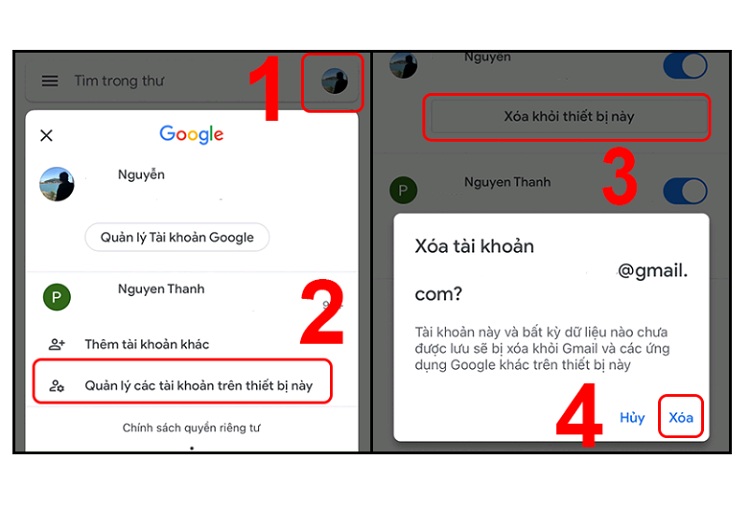 công đoạn xóa tài khoản Google từ ứng dụng Gmail trên iPhone