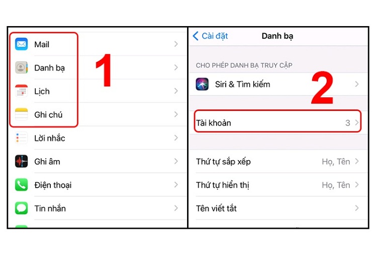 Bước vào mục Tài khoản từ Danh bạ trong phần Cài đặt trên iPhone