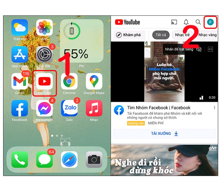 Nhấn vào biểu tượng tài khoản từ Youtube