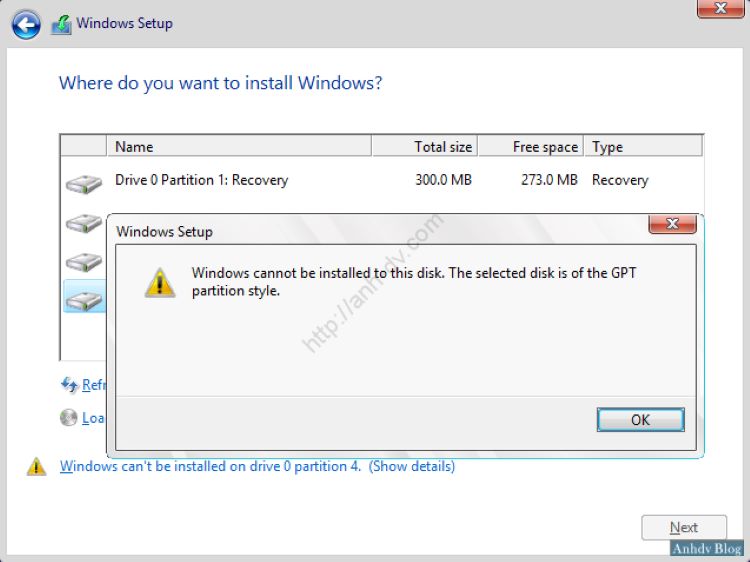 Lỗi cài Windows Cannnot be Installed to a Disk