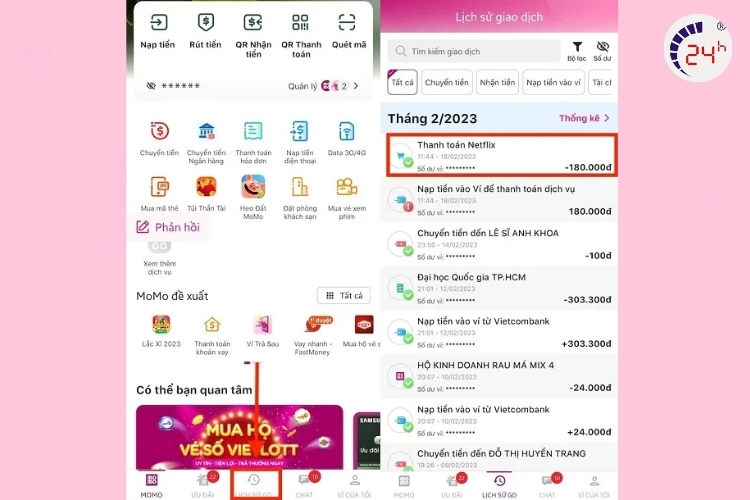 vào lịch sử giao dịch trên momo