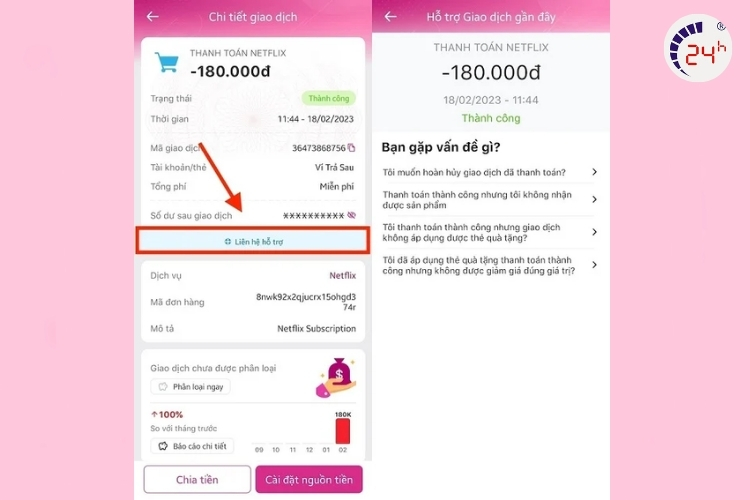 chọn Liên hệ hỗ trợ