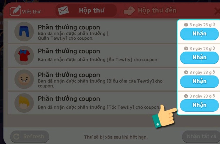 Chọn Hộp thư trong trò chơi để nhận quà tặng 