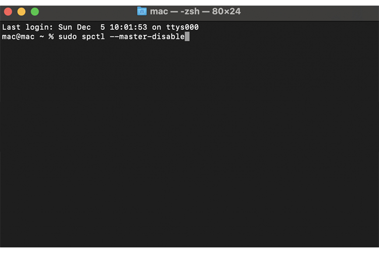 Copy dòng lệnh sudo spctl --master-disable vào Terminal