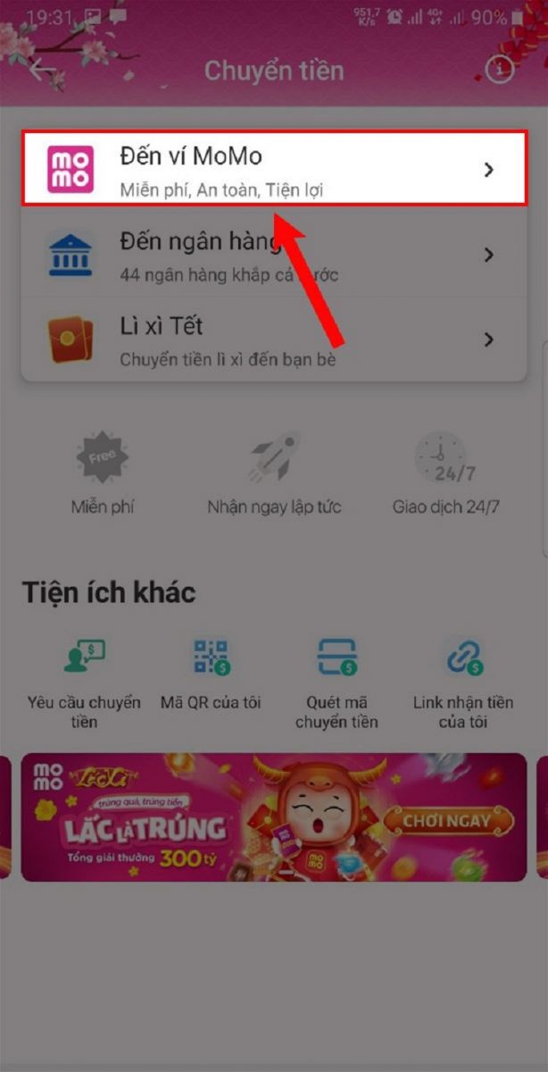 Click chọn Đến ví MoMo