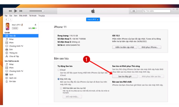 Mở iTunes và nhấn vào mục Sao lưu ngay bây giờ