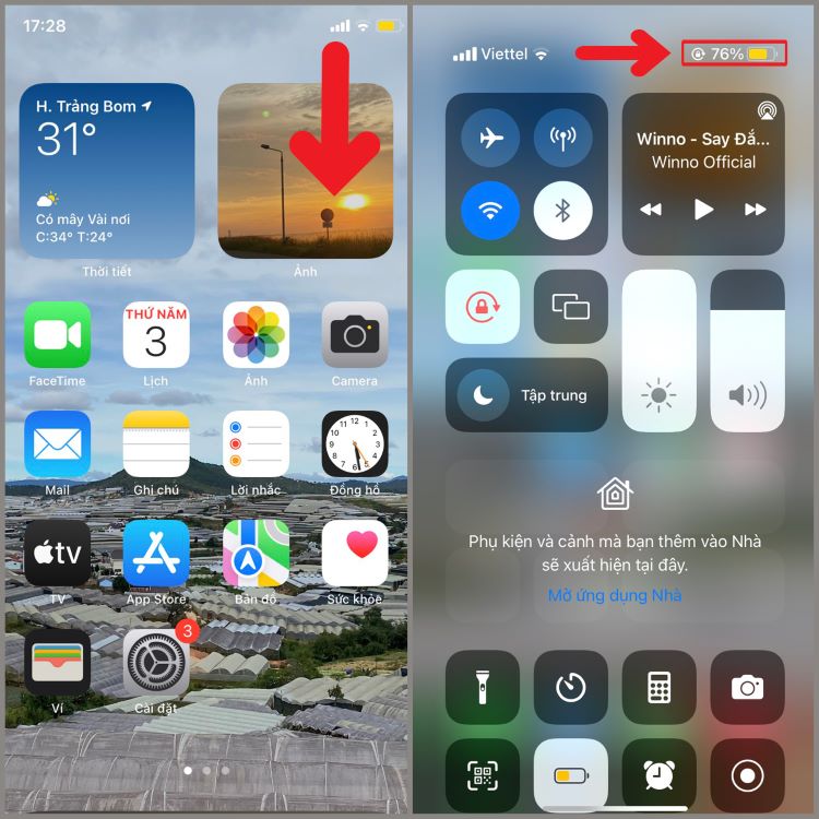 Dùng Trung tâm điều khiển trên iPhone để hiển thị pin 