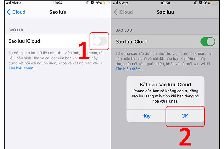 Gạt nút sang phải > Chọn OK và chờ đợi điện thoại sao lưu dữ liệu.