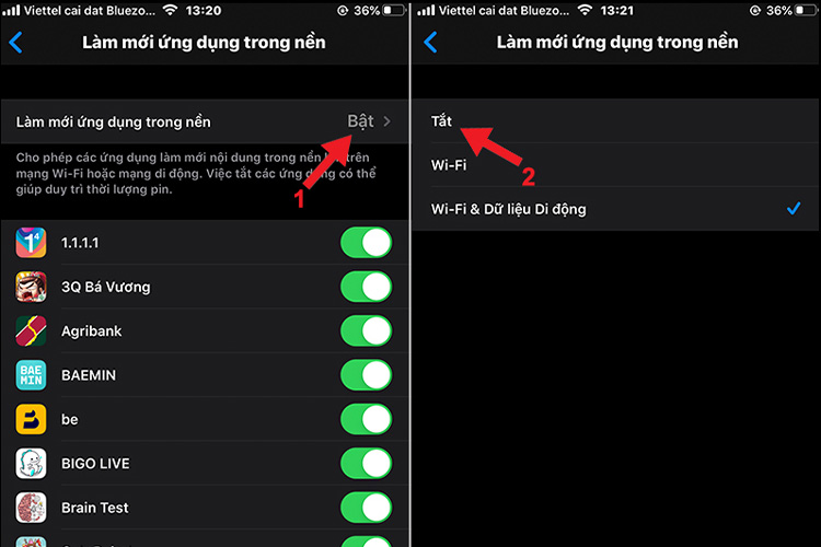 Bạn nhấn vào Làm mới ứng dụng trong nền > Chọn Tắt để tắt chạy ngầm tắt cả ứng dụng.