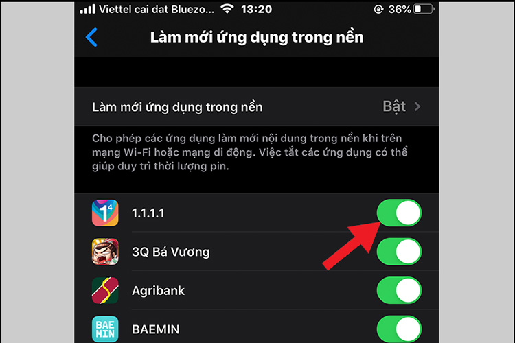 gạt nút ở từng ứng dụng để tắt riêng từng ứng dụng đó