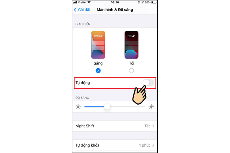 Tới Tự động tắt bằng cách gạt thanh ngang sang trái.