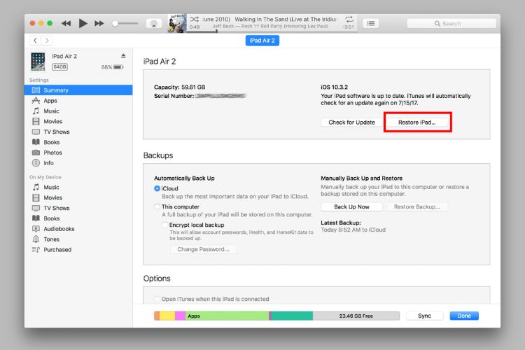 Restore iPad bằng iTunes