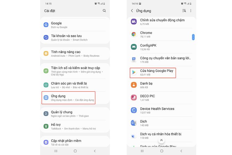 Bước 1 và bước 2 trong phương pháp khởi động lại ứng dụng CH Play