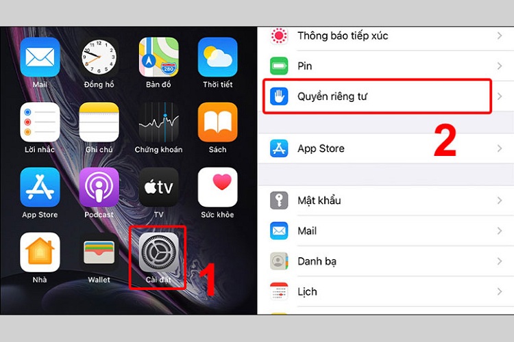 Chọn Quyền riêng tư trong mục Cài đặt