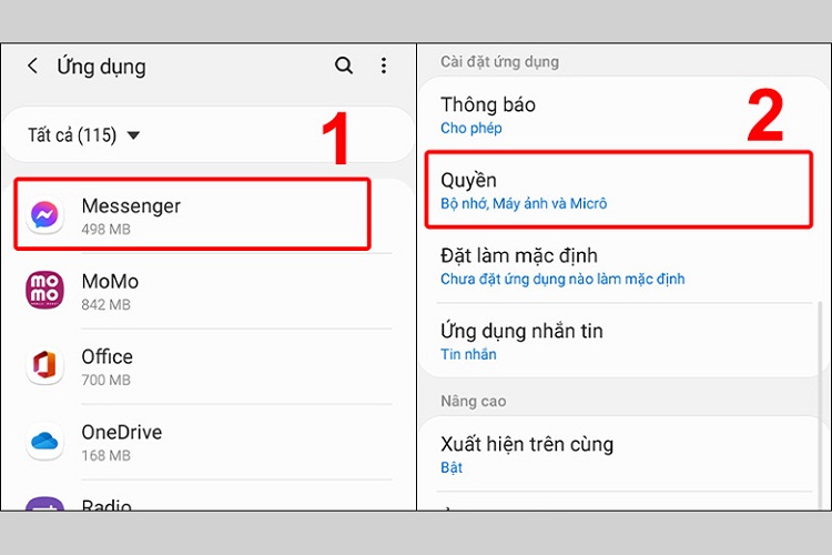 Nhấn vào Messenger rồi chọn Quyền