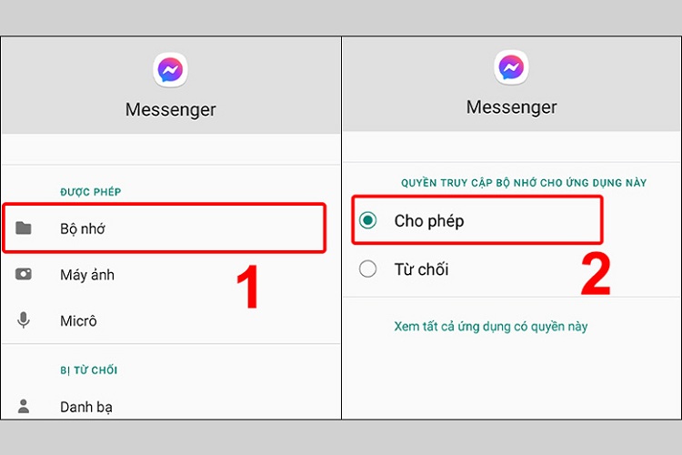 Vào mục Bộ nhớ và nhấn vào Cho phép