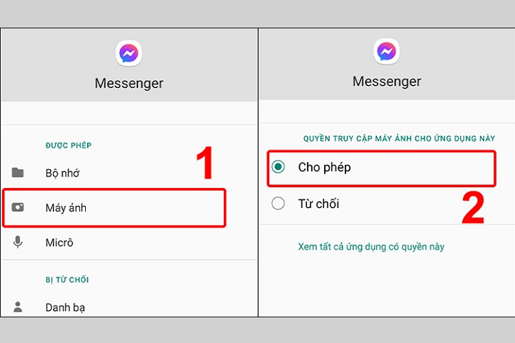 Chọn vào Máy ảnh, và chọn mục Cho phép