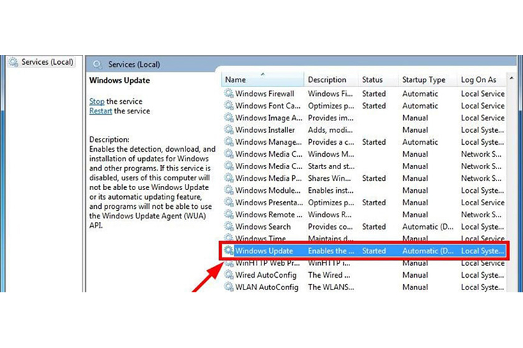 Bạn kéo con trỏ chuột xuống dưới → Double click chuột vào Window Update.