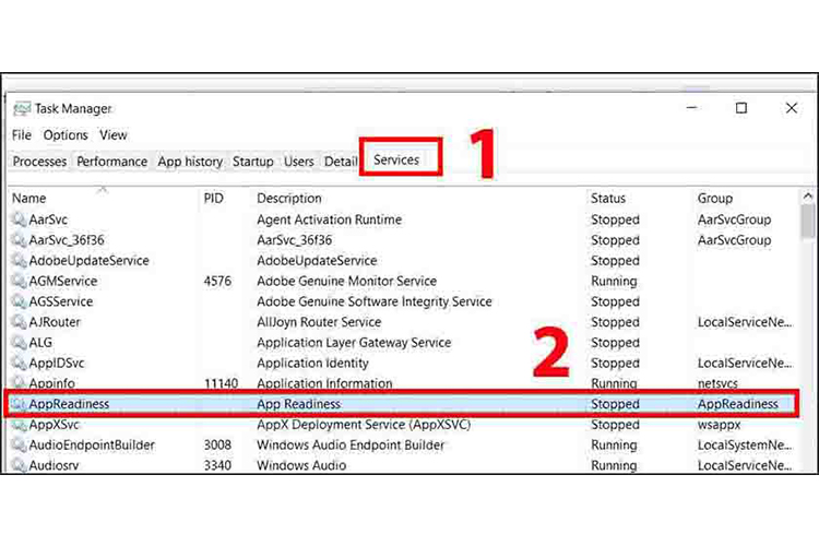 Chọn tab Services, sau đó nhấp chọn AppReadiness.