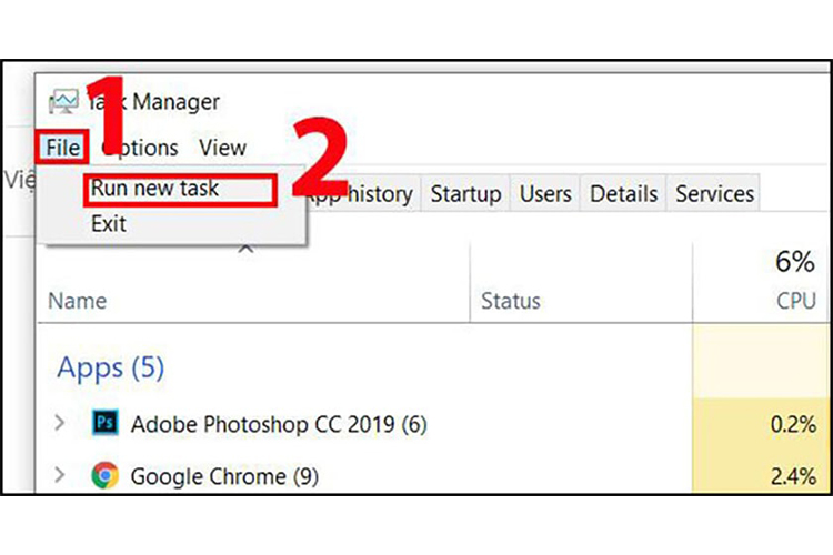 Sau đó bạn nhấp chọn File → chọn Run new task.