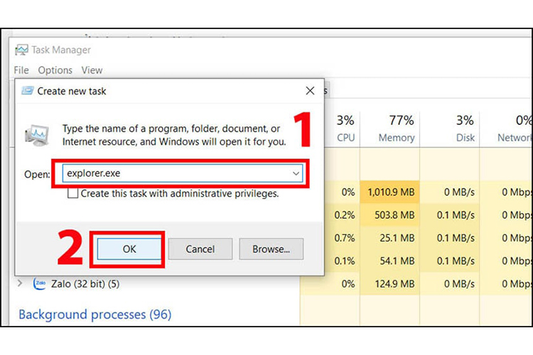 Gõ Explorer.exe trên hộp thoại vừa xuất hiện → Chọn OK để tiến hành truy cập vào màn hình Windows.