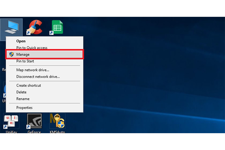Nhấn chuột phải vào This PC trên màn hình → Chọn Manage.