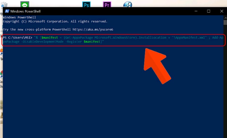Bước nhập mã sau khi chọn vào mục Windows PowerShell