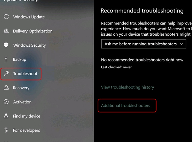 Bước chọn mục Additional troubleshooters