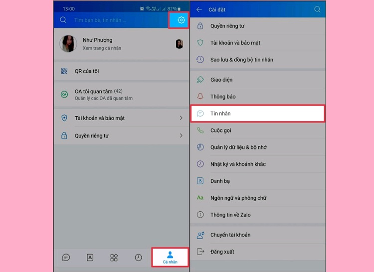 Chọn mục Tin nhắn trong mục Cài đặt trên Zalo