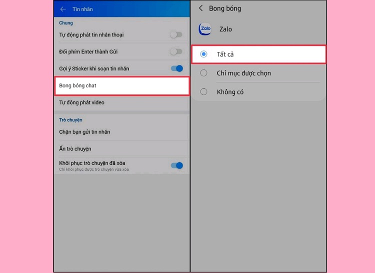 Chọn mục Tất cả đề cho phép tin nhắn được hiển thị khi bật bong bóng chat