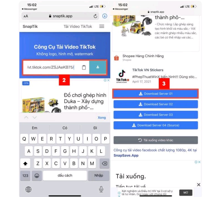 Nhấn vào mục Download Server 1 để tải về video TikTok không có logo