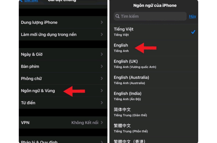 Chuyển tiếng Việt sang tiếng Anh từ mục Ngôn ngữ và Vùng