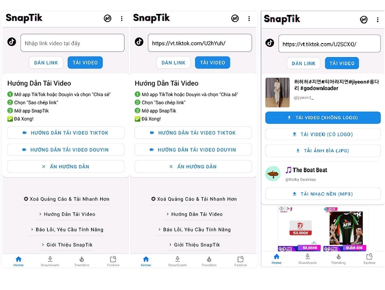 Lựa chọn hình thức tải video không logo qua SnapTik