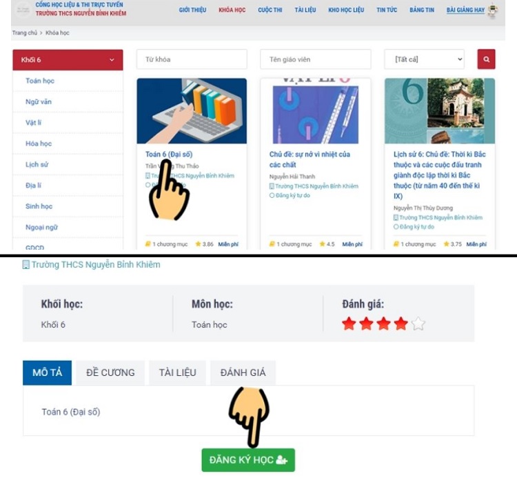 Bước nhấp vào mục Đăng ký học tùy theo bộ môn đã lựa chọn