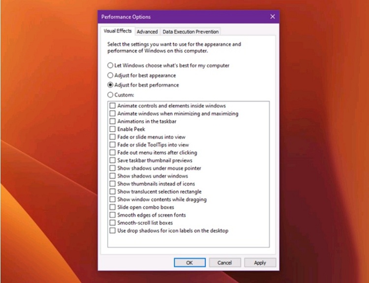 Nhấn vào mục Adjust for best performance