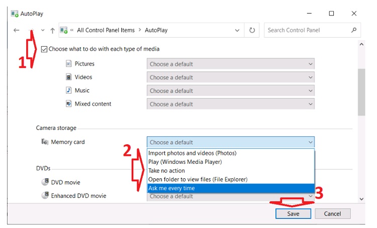 Chọn mục Take no Action và nhấn Save để hoàn tất cách tắt AutoPlay