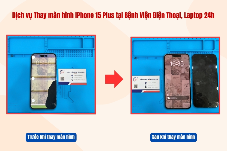 trước và sau khi thay màn hình iphone 15 plus