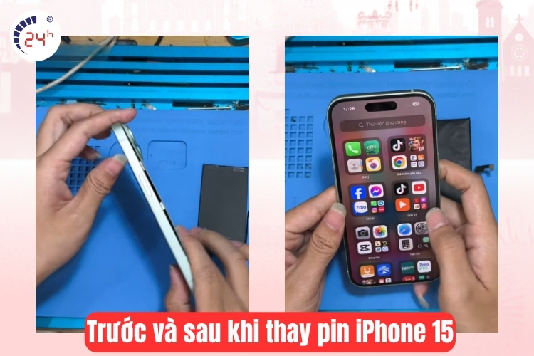 trước và sau thay Pin iPhone 15 tại Bệnh Viện Điện Thoại, Laptop 24h
